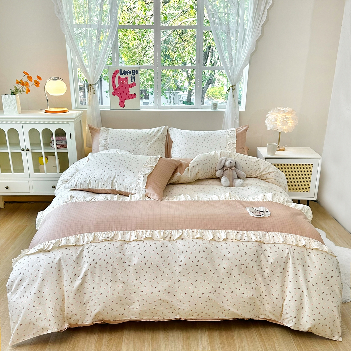 玉元坊 2026新款全棉纯棉小碎花刺绣花边款四件套田园公主风系列 桃之夭夭