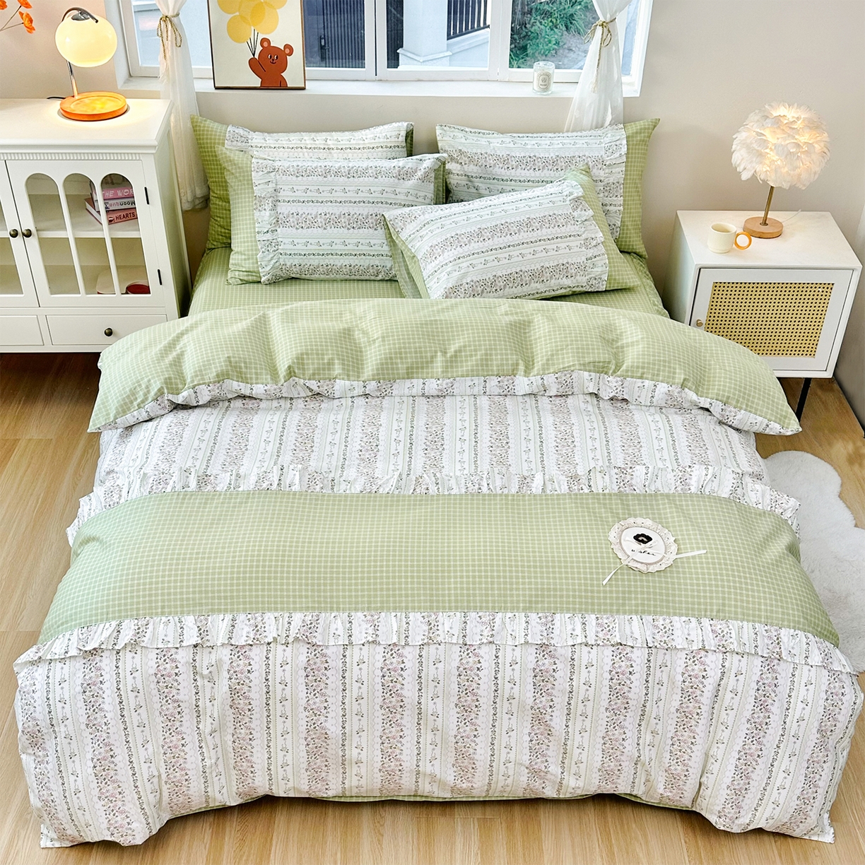 91家纺网 家纺一手货源 找家纺 玉元坊 2026新款全棉纯棉小碎花刺绣花边款四件套田园公主风系列 青鸾绿