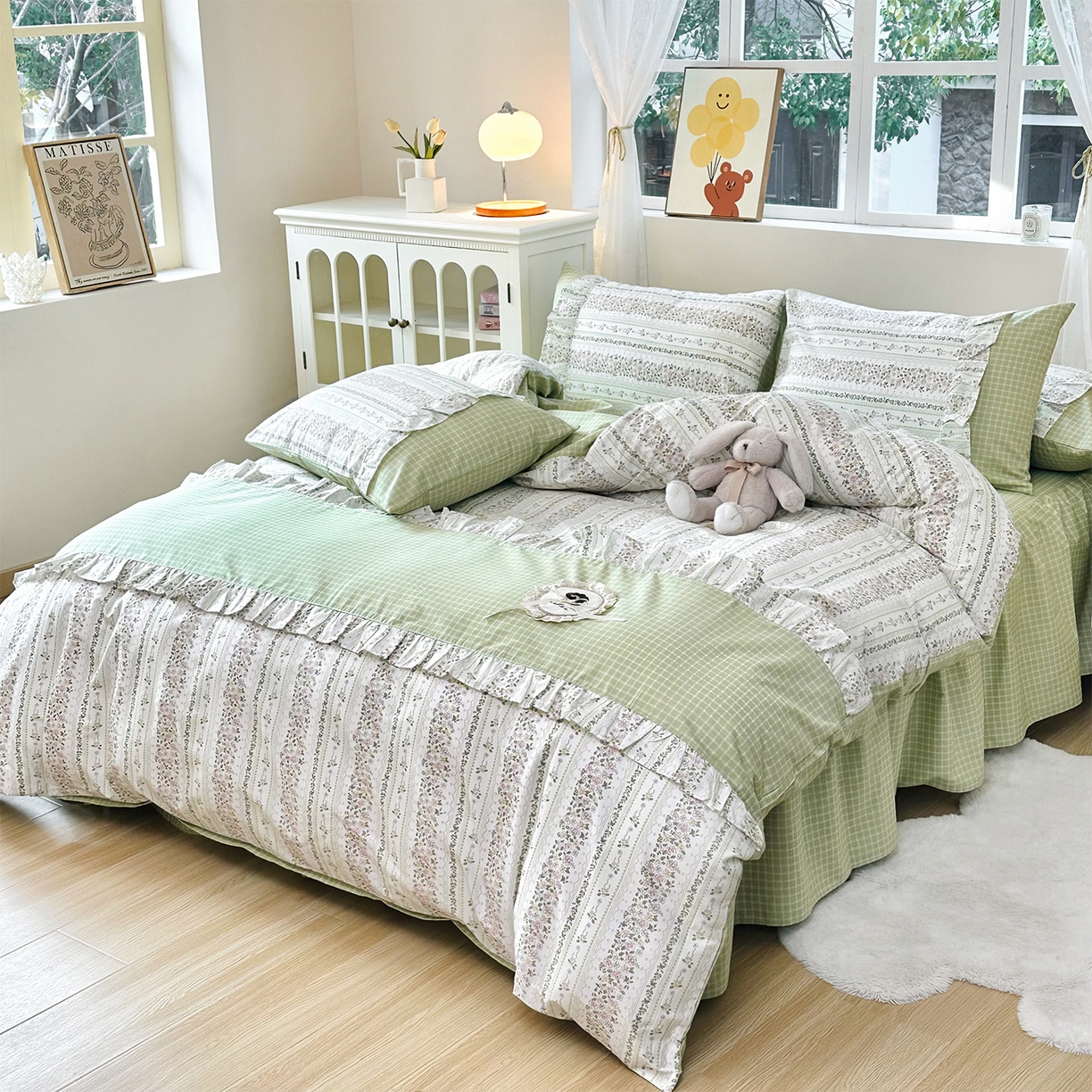 91家纺网 家纺一手货源 找家纺 玉元坊 2026新款全棉纯棉小碎花刺绣花边款四件套田园公主风系列 青鸾绿