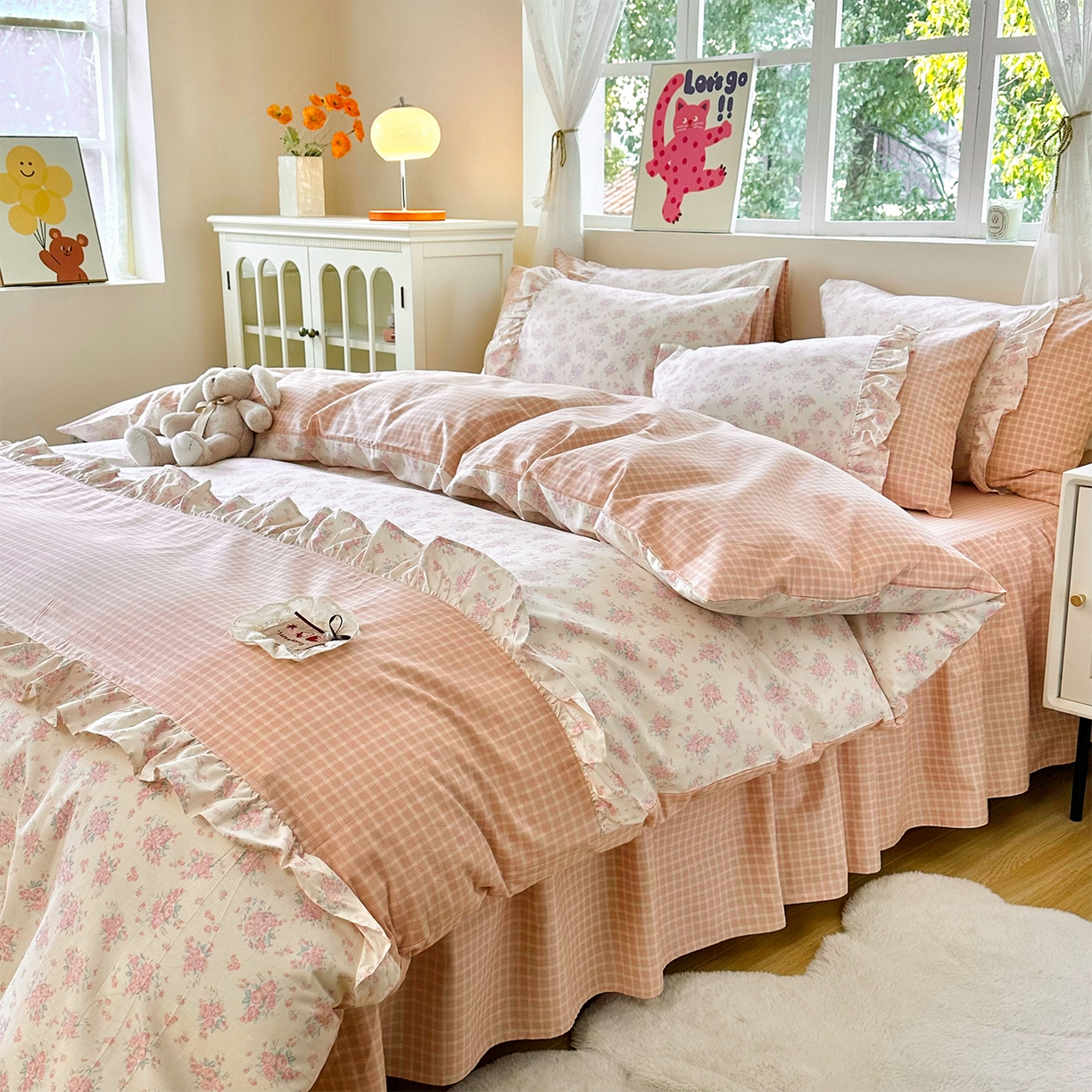 91家纺网 家纺一手货源 找家纺 玉元坊 2026新款全棉纯棉小碎花刺绣花边款四件套田园公主风系列 柔情花梦粉