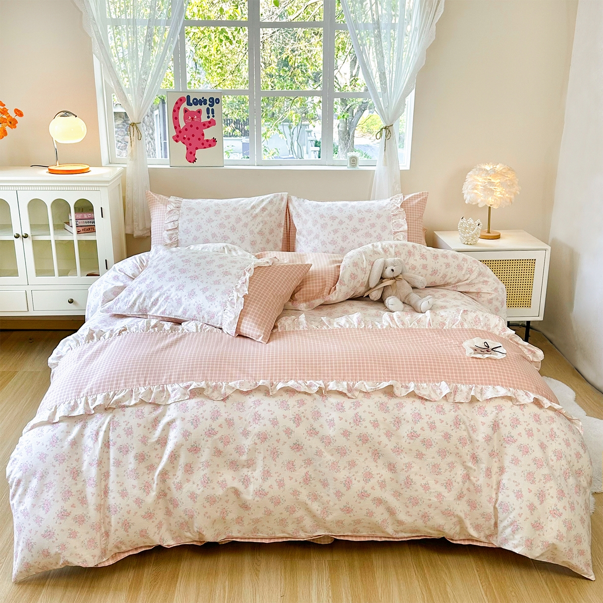 玉元坊 2026新款全棉纯棉小碎花刺绣花边款四件套田园公主风系列 柔情花梦粉