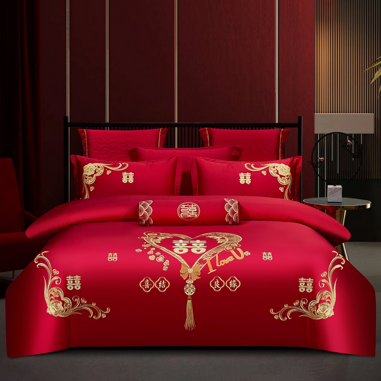 （总）浩情国际婚庆供货中心 2026新款100%全棉纯棉新中式刺绣大红结婚婚庆四件套多件套