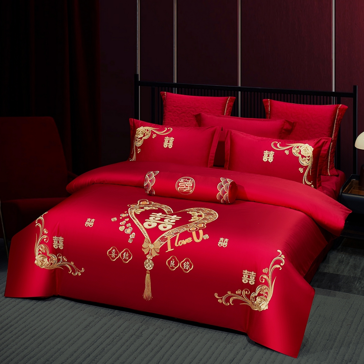 91家纺网 家纺一手货源 找家纺 （总）浩情国际婚庆供货中心 2026新款100%全棉纯棉新中式刺绣大红结婚婚庆四件套多件套