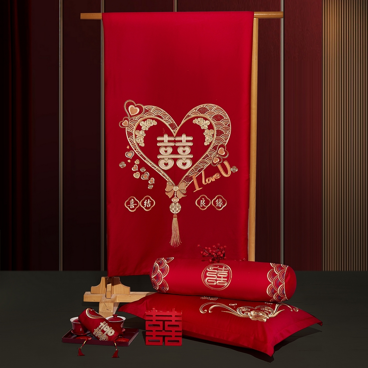 91家纺网 家纺一手货源 找家纺 （总）浩情国际婚庆供货中心 2026新款100%全棉纯棉新中式刺绣大红结婚婚庆四件套多件套