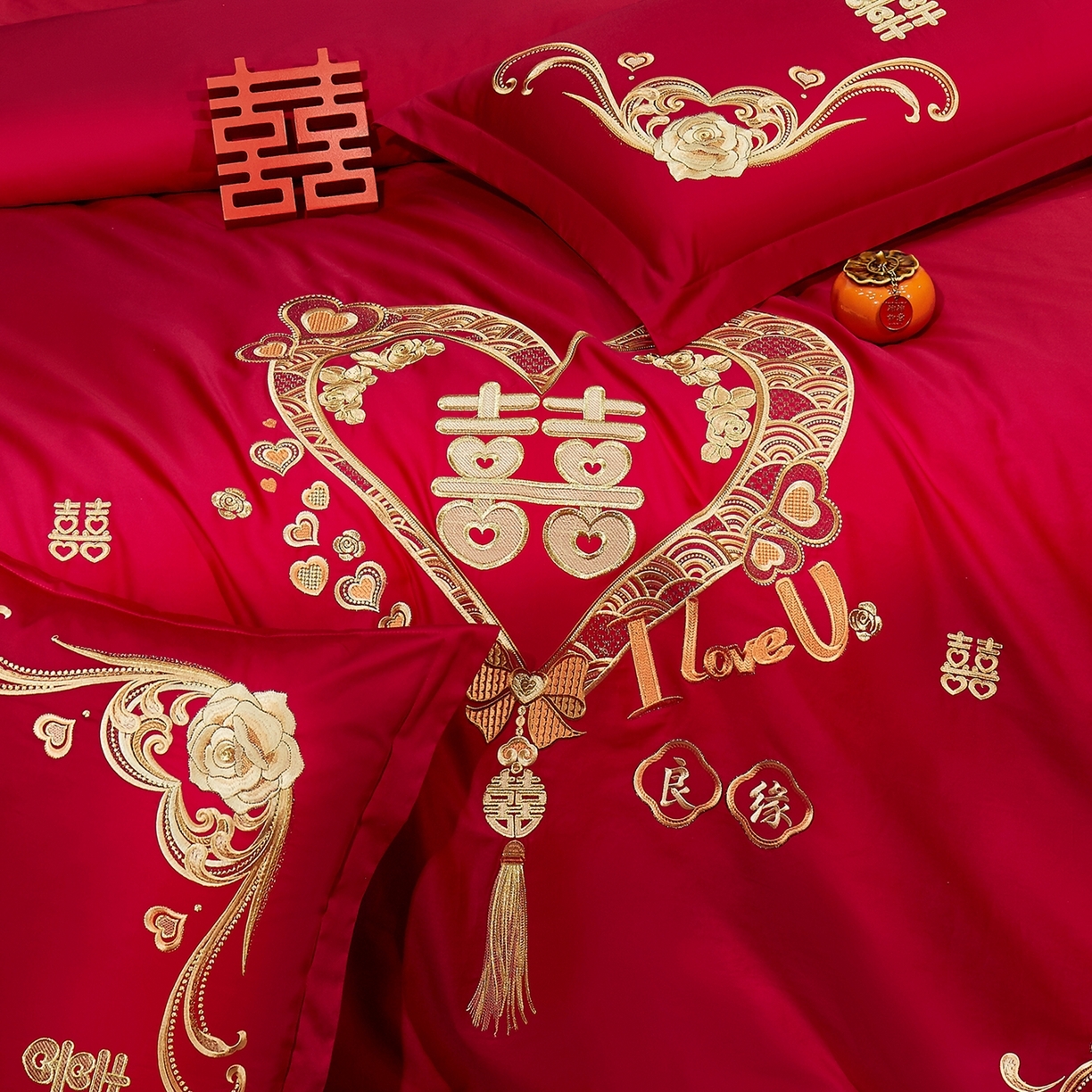 91家纺网 家纺一手货源 找家纺 （总）浩情国际婚庆供货中心 2026新款100%全棉纯棉新中式刺绣大红结婚婚庆四件套多件套