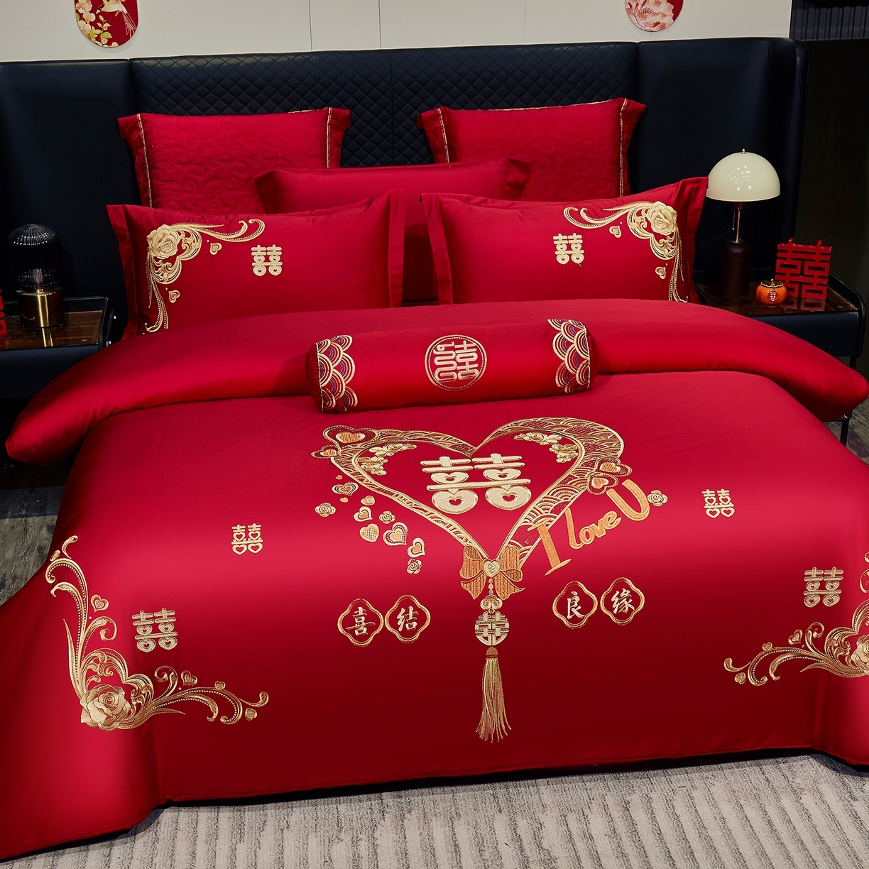 91家纺网 家纺一手货源 找家纺 （总）浩情国际婚庆供货中心 2026新款100%全棉纯棉新中式刺绣大红结婚婚庆四件套多件套