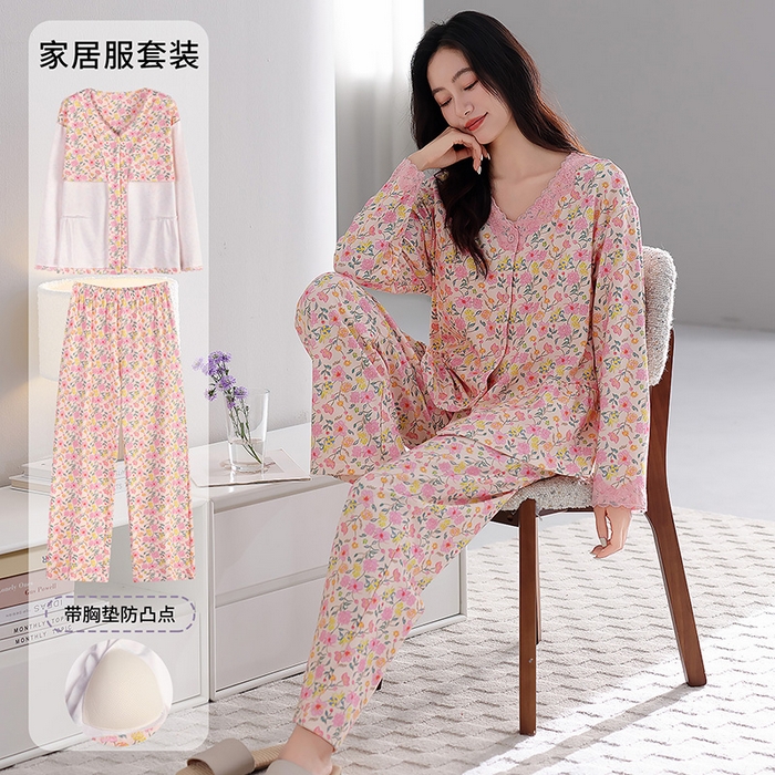 91家纺网 家纺一手货源 找家纺 （总）洛兰沙家居馆 2026新款拉架爽棉睡衣女士秋冬季长袖长裤高级感休闲外穿家居服女款带胸垫