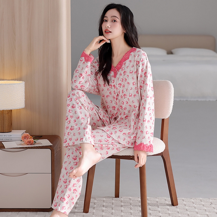 91家纺网 家纺一手货源 找家纺 洛兰沙家居馆 2026新款拉架爽棉睡衣女士秋冬季长袖长裤高级感休闲外穿家居服女款带胸垫 5702