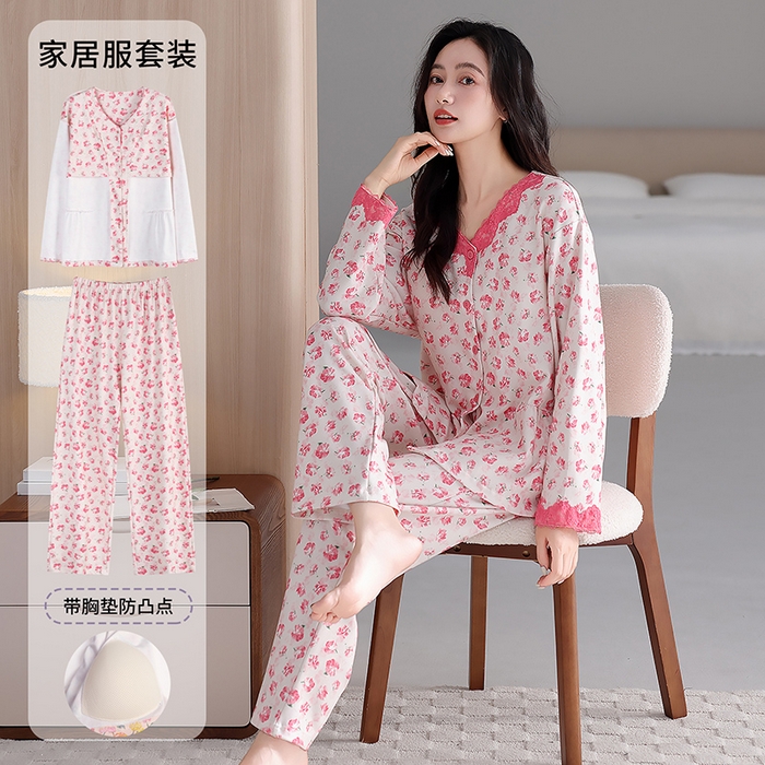 91家纺网 家纺一手货源 找家纺 洛兰沙家居馆 2026新款拉架爽棉睡衣女士秋冬季长袖长裤高级感休闲外穿家居服女款带胸垫 5702