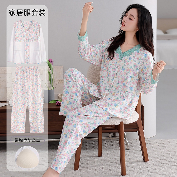 91家纺网 家纺一手货源 找家纺 洛兰沙家居馆 2026新款拉架爽棉睡衣女士秋冬季长袖长裤高级感休闲外穿家居服女款带胸垫 5703