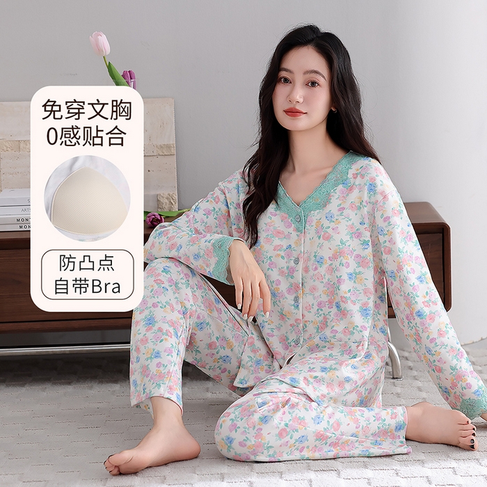 91家纺网 家纺一手货源 找家纺 洛兰沙家居馆 2026新款拉架爽棉睡衣女士秋冬季长袖长裤高级感休闲外穿家居服女款带胸垫 5703