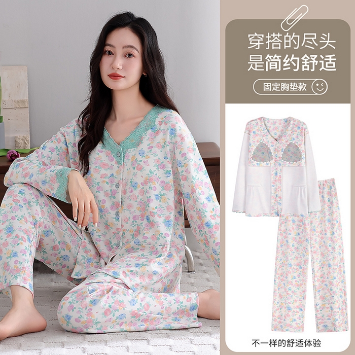 91家纺网 家纺一手货源 找家纺 洛兰沙家居馆 2026新款拉架爽棉睡衣女士秋冬季长袖长裤高级感休闲外穿家居服女款带胸垫 5703
