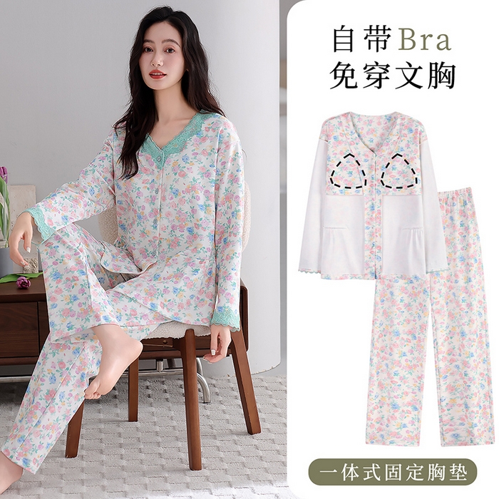91家纺网 家纺一手货源 找家纺 洛兰沙家居馆 2026新款拉架爽棉睡衣女士秋冬季长袖长裤高级感休闲外穿家居服女款带胸垫 5703