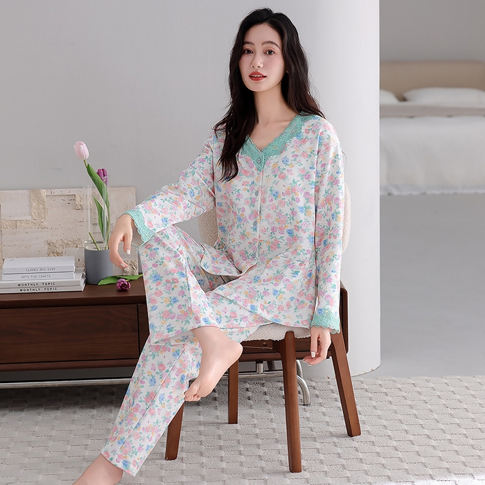 91家纺网 家纺一手货源 找家纺 洛兰沙家居馆 2026新款拉架爽棉睡衣女士秋冬季长袖长裤高级感休闲外穿家居服女款带胸垫 5703