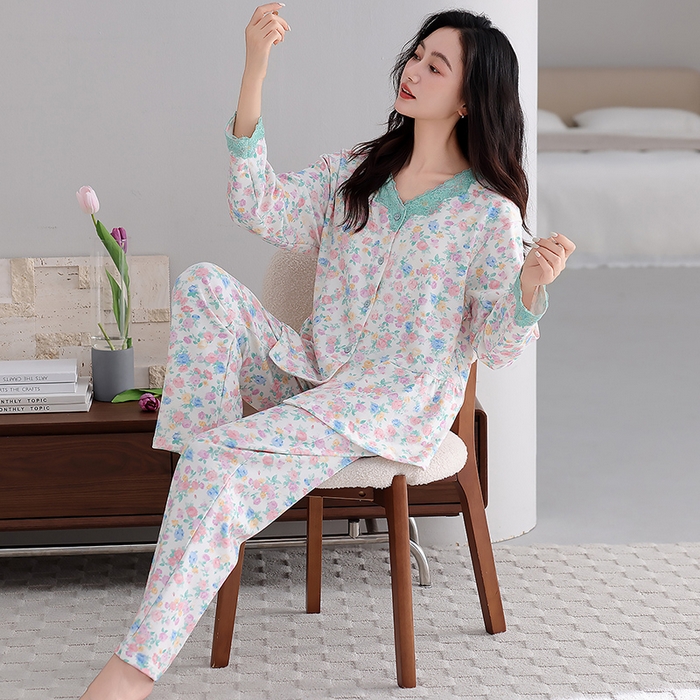 91家纺网 家纺一手货源 找家纺 洛兰沙家居馆 2026新款拉架爽棉睡衣女士秋冬季长袖长裤高级感休闲外穿家居服女款带胸垫 5703