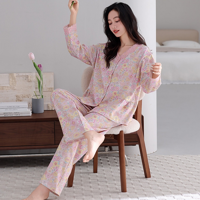 91家纺网 家纺一手货源 找家纺 洛兰沙家居馆 2026新款拉架爽棉睡衣女士秋冬季长袖长裤高级感休闲外穿家居服女款带胸垫 5706