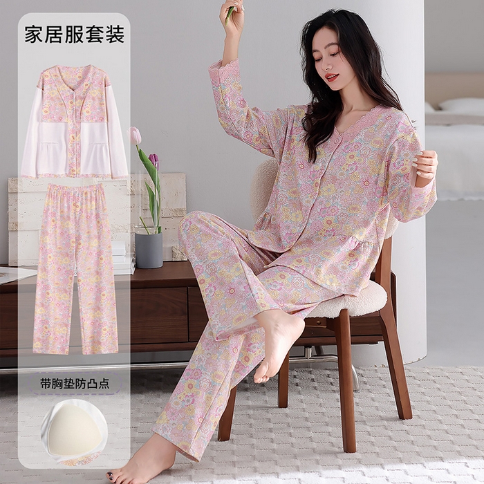 91家纺网 家纺一手货源 找家纺 洛兰沙家居馆 2026新款拉架爽棉睡衣女士秋冬季长袖长裤高级感休闲外穿家居服女款带胸垫 5706