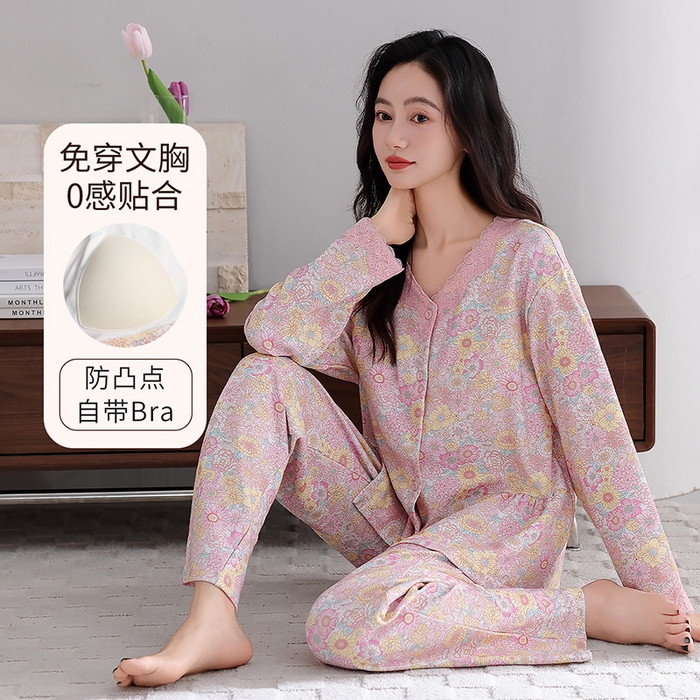 91家纺网 家纺一手货源 找家纺 洛兰沙家居馆 2026新款拉架爽棉睡衣女士秋冬季长袖长裤高级感休闲外穿家居服女款带胸垫 5706