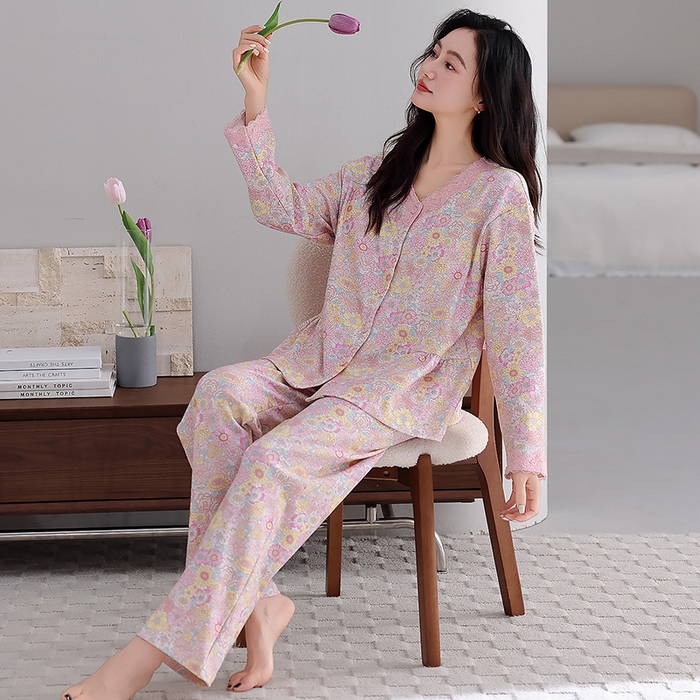 91家纺网 家纺一手货源 找家纺 洛兰沙家居馆 2026新款拉架爽棉睡衣女士秋冬季长袖长裤高级感休闲外穿家居服女款带胸垫 5706