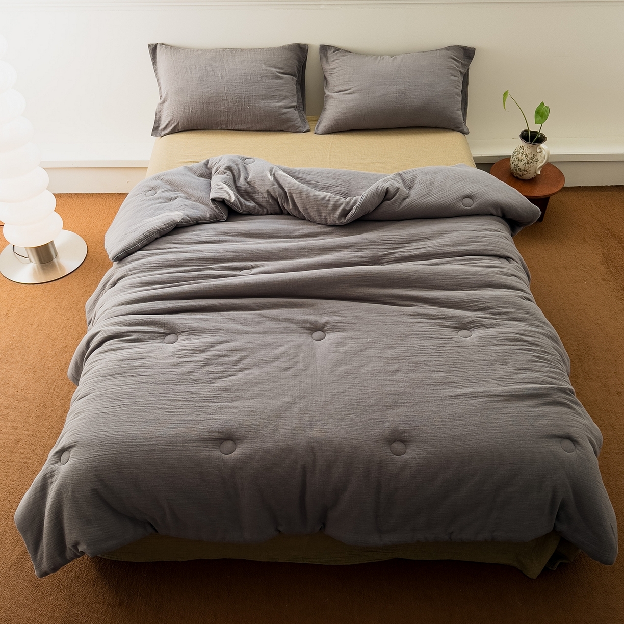 91家纺网 家纺一手货源 找家纺 仰望棉麻双层纱供应链 2025新款弥山AA版全棉色织提花双层纱春秋被冬被被子被芯 弥山-灰