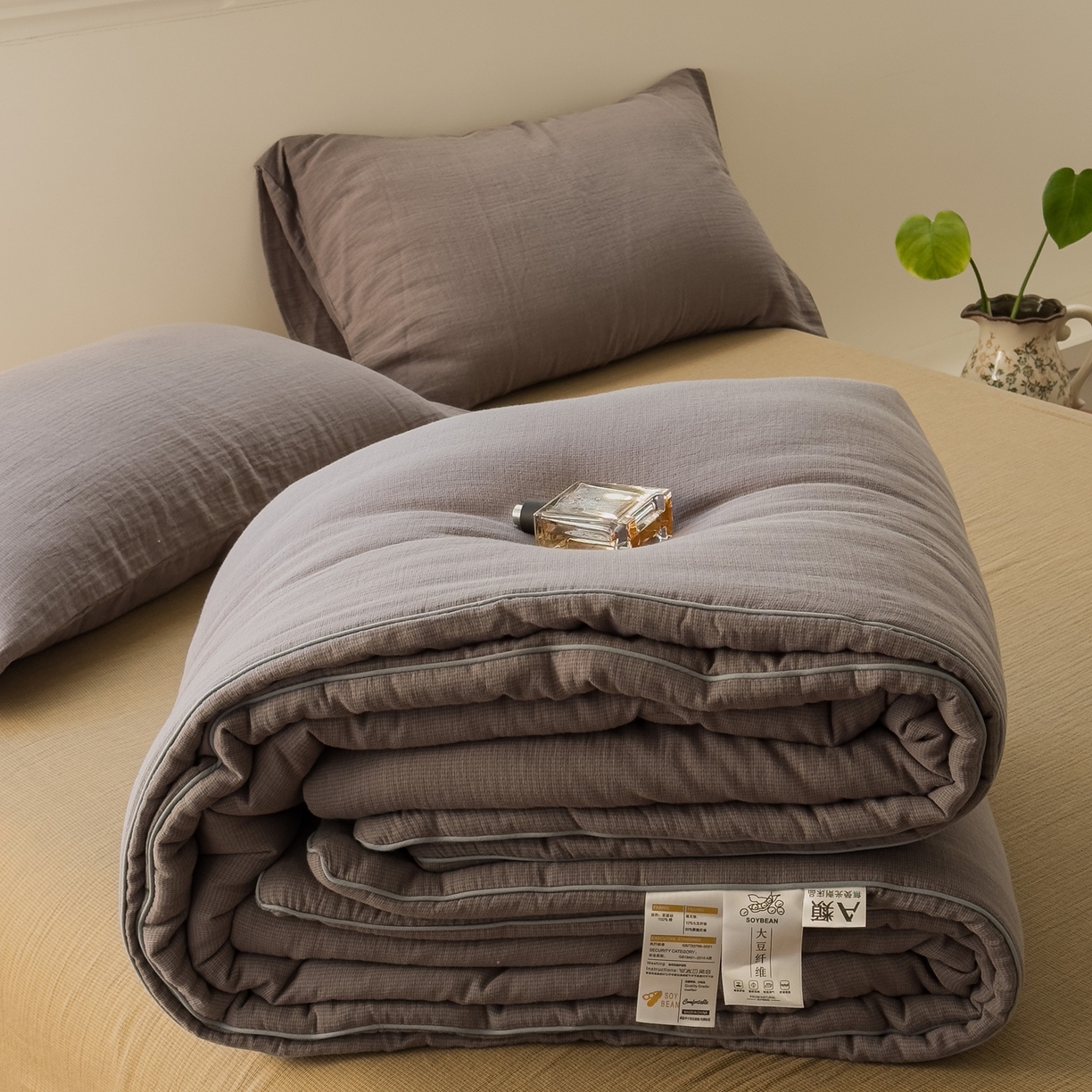 仰望棉麻双层纱供应链 2025新款弥山AA版全棉色织提花双层纱春秋被冬被被子被芯 弥山-灰
