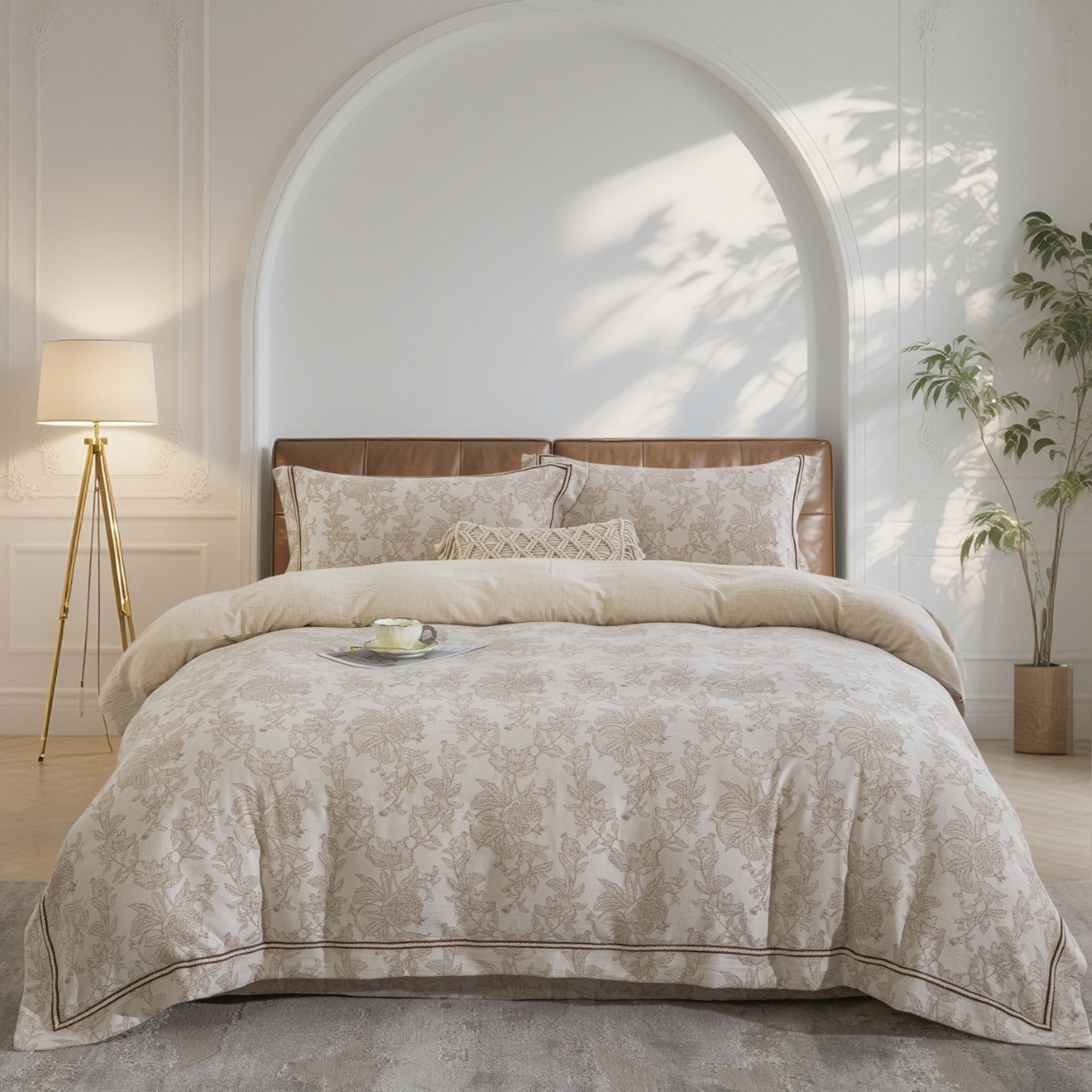 （总）仰望棉麻双层纱供应链 2026新款棉麻色织大提花织带款四件套-朱榴