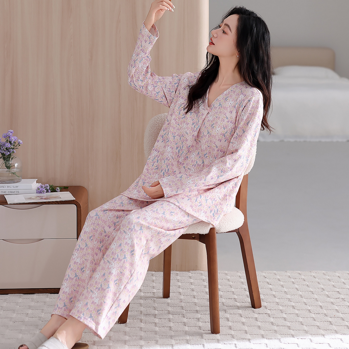 91家纺网 家纺一手货源 找家纺 （总）2026新款拉架棉长袖秋冬带胸垫防凸点可外穿家居服女士宽松睡衣家居服 第11批