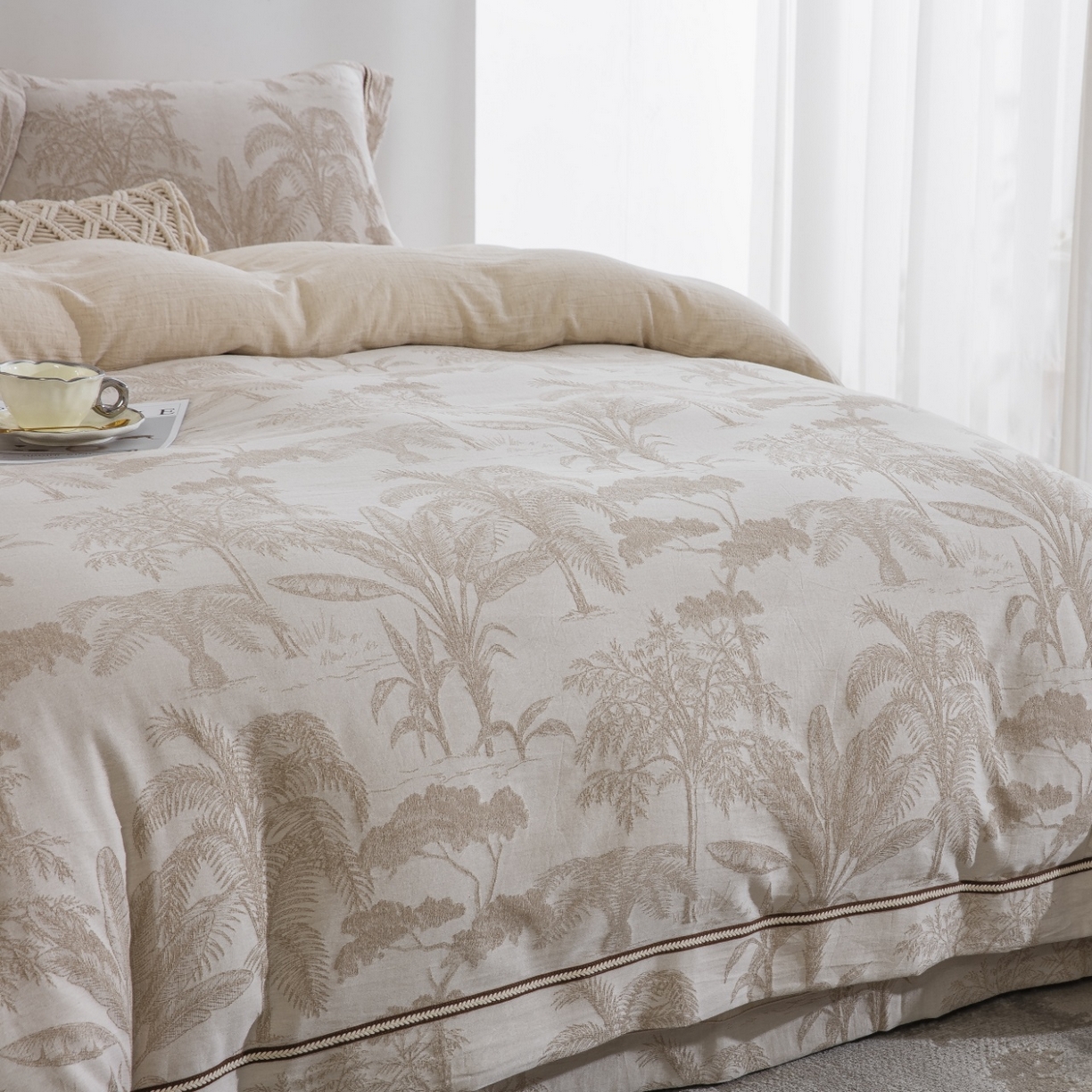 91家纺网 家纺一手货源 找家纺 （总）仰望棉麻双层纱供应链 2026新款棉麻色织大提花织带款四件套-奇幻丛林