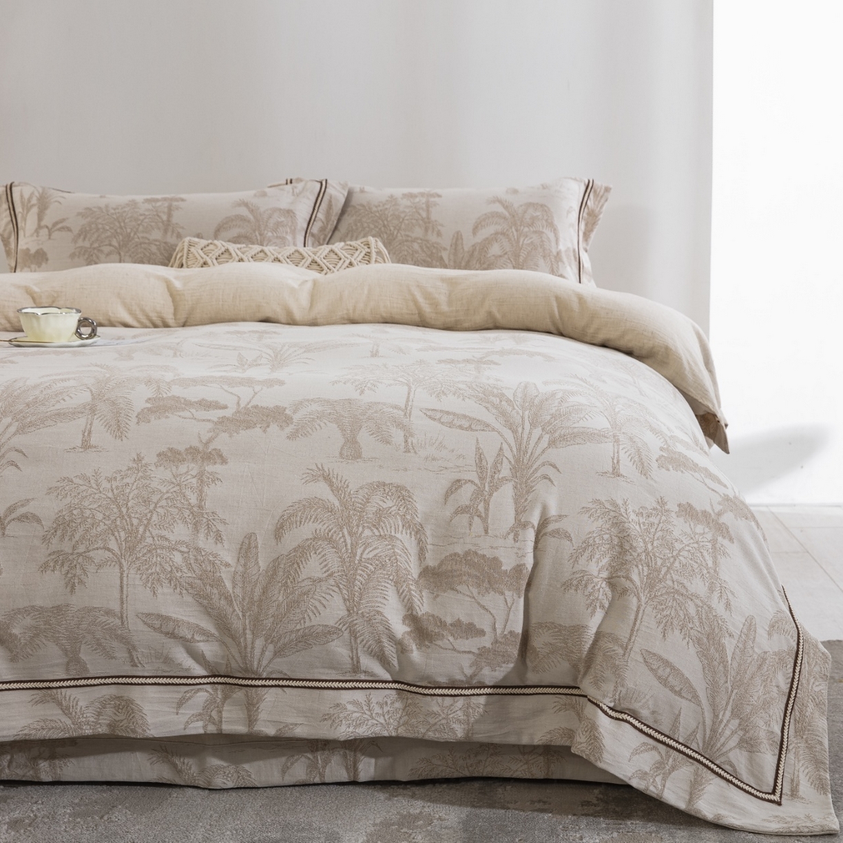 91家纺网 家纺一手货源 找家纺 （总）仰望棉麻双层纱供应链 2026新款棉麻色织大提花织带款四件套-奇幻丛林