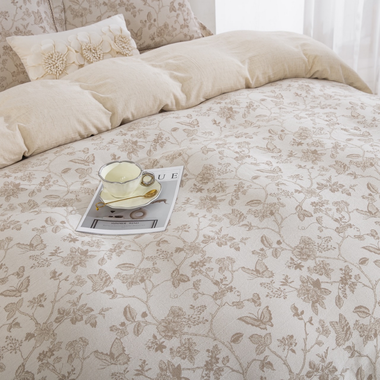 91家纺网 家纺一手货源 找家纺 （总）仰望棉麻双层纱供应链 2026新款棉麻色织大提花织带款四件套-蝶蔓