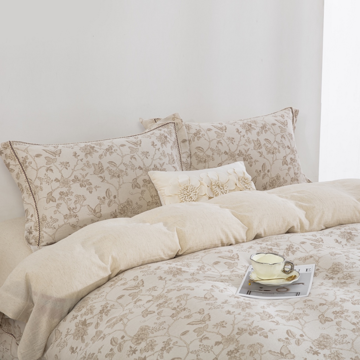 91家纺网 家纺一手货源 找家纺 （总）仰望棉麻双层纱供应链 2026新款棉麻色织大提花织带款四件套-蝶蔓