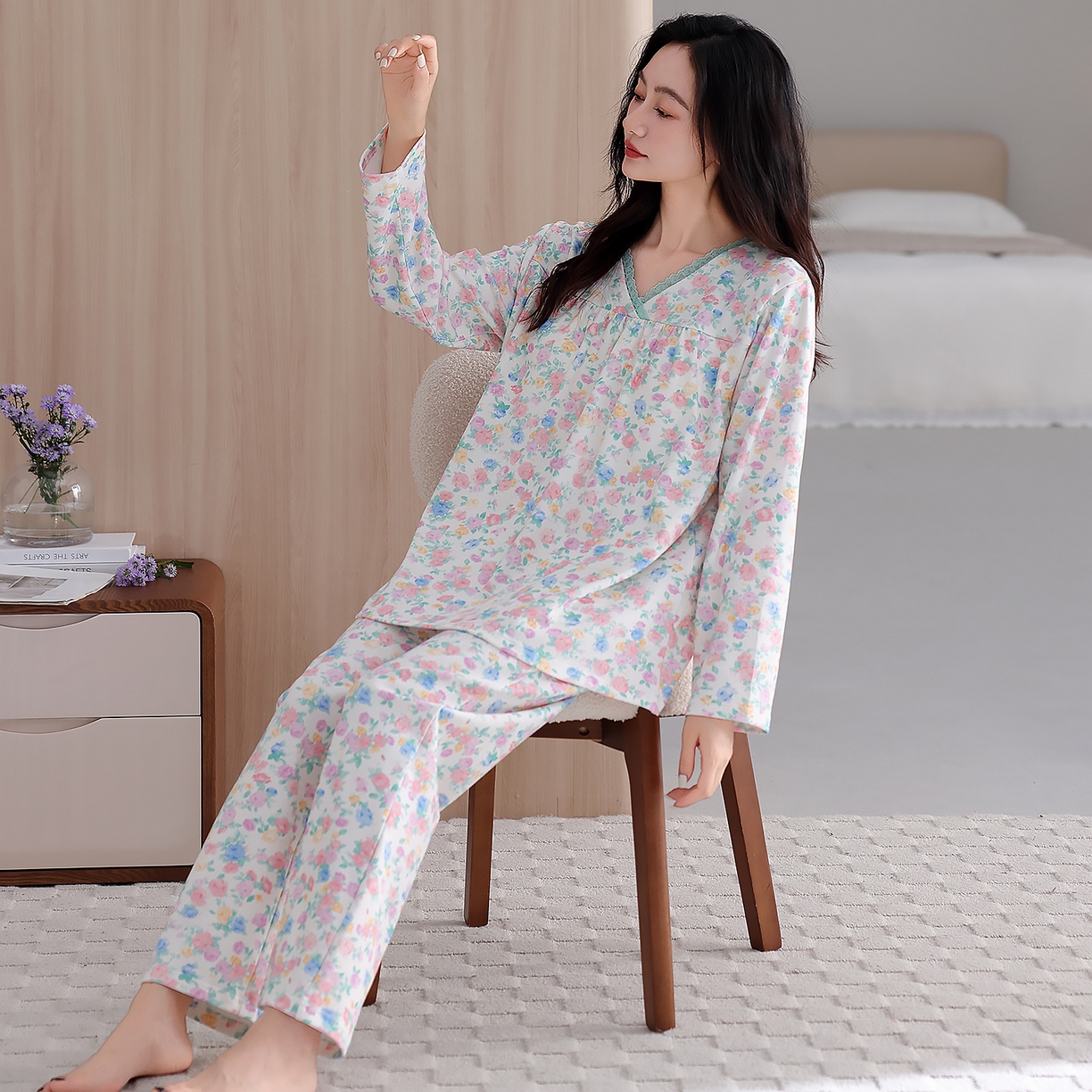 91家纺网 家纺一手货源 找家纺 2026新款拉架棉长袖秋冬带胸垫防凸点可外穿家居服女士宽松睡衣家居服 第11批 5805