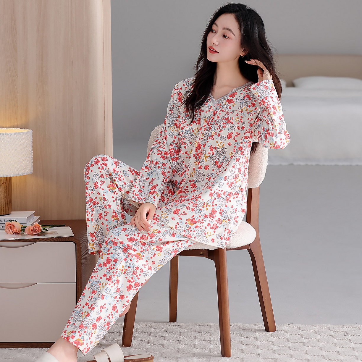 91家纺网 家纺一手货源 找家纺 2026新款拉架棉长袖秋冬带胸垫防凸点可外穿家居服女士宽松睡衣家居服 第11批 5806