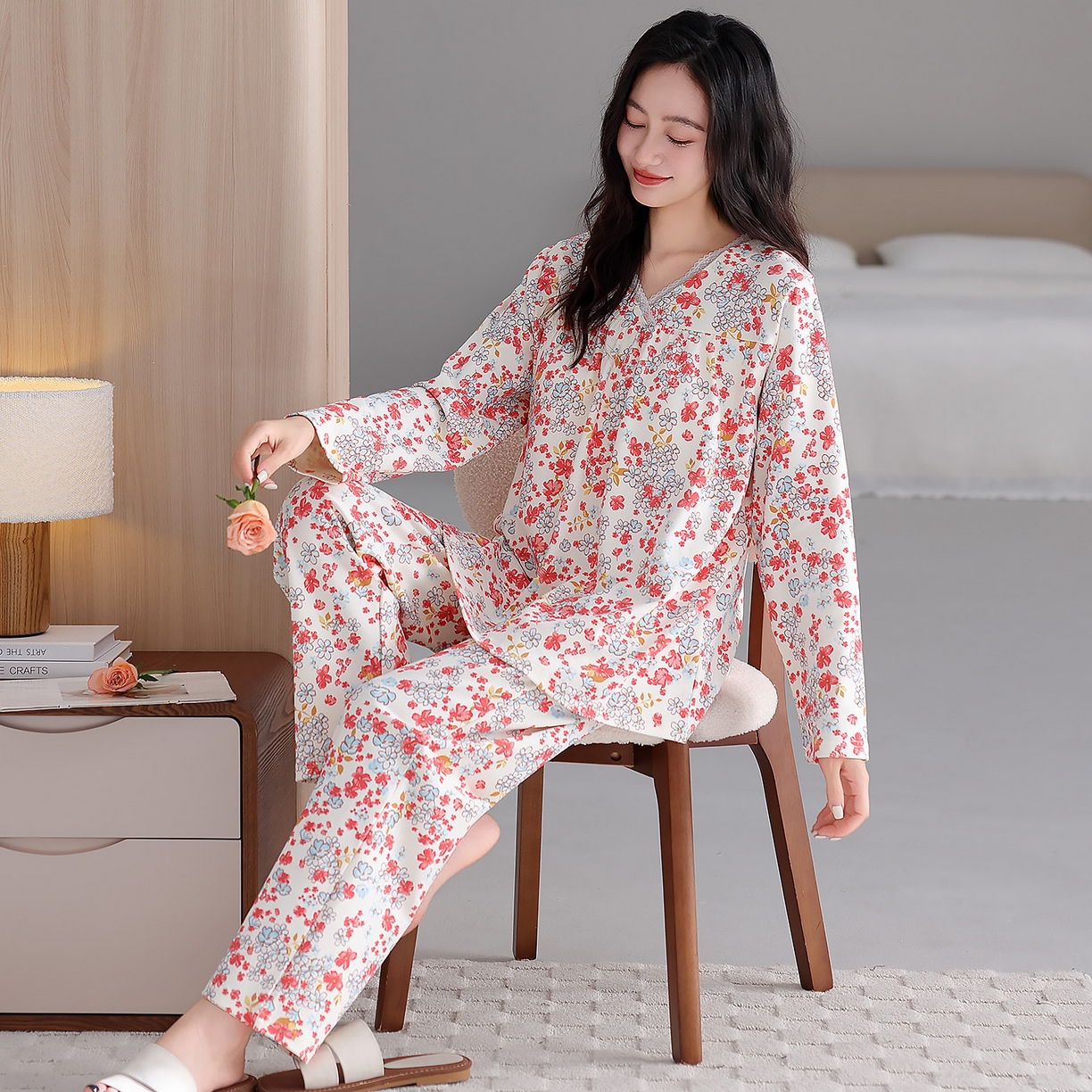 91家纺网 家纺一手货源 找家纺 2026新款拉架棉长袖秋冬带胸垫防凸点可外穿家居服女士宽松睡衣家居服 第11批 5806