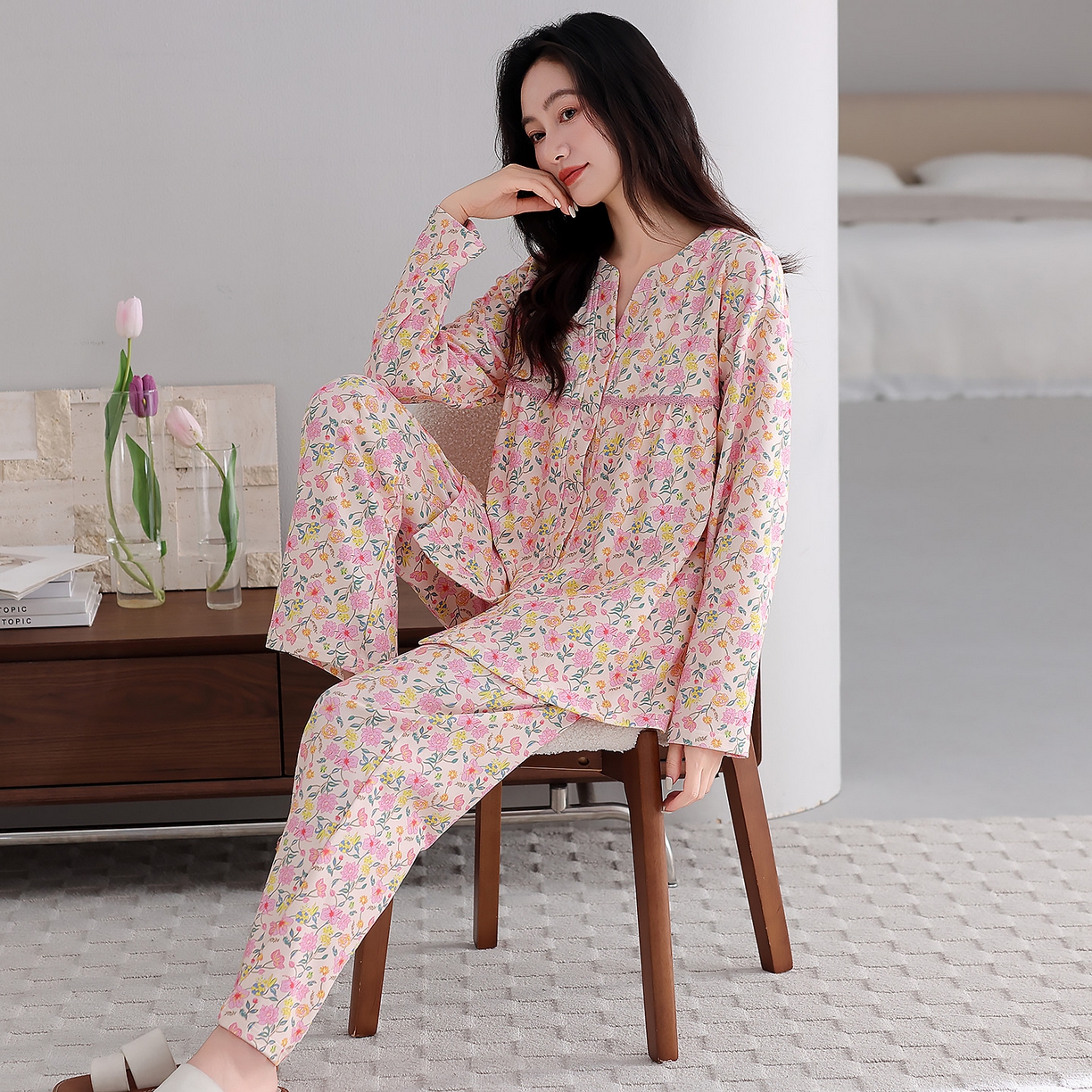 91家纺网 家纺一手货源 找家纺 （总）洛兰沙家居馆 2026新款秋冬睡衣女拉架棉带胸垫可外穿长袖长裤青中年女士家居服套装第12批 