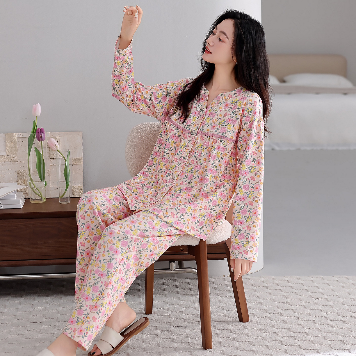 91家纺网 家纺一手货源 找家纺 （总）洛兰沙家居馆 2026新款秋冬睡衣女拉架棉带胸垫可外穿长袖长裤青中年女士家居服套装第12批 