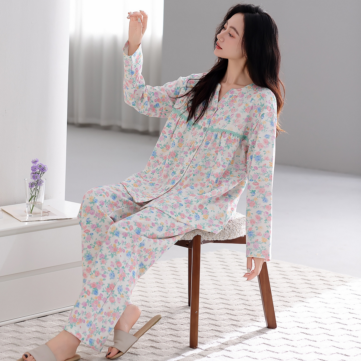 91家纺网 家纺一手货源 找家纺 洛兰沙家居馆 2026新款秋冬睡衣女拉架棉带胸垫可外穿长袖长裤青中年女士家居服套装第12批  5902