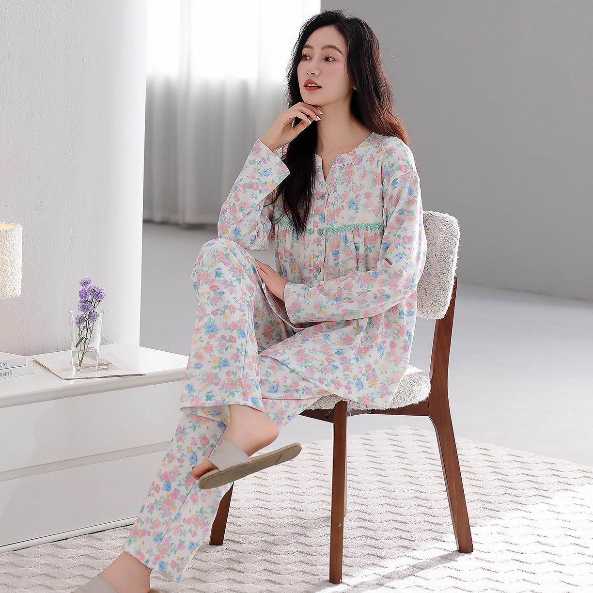 91家纺网 家纺一手货源 找家纺 洛兰沙家居馆 2026新款秋冬睡衣女拉架棉带胸垫可外穿长袖长裤青中年女士家居服套装第12批  5902