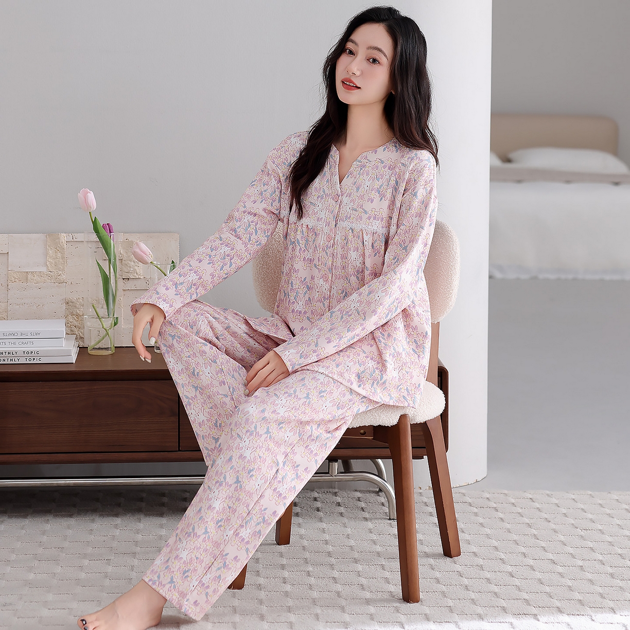 91家纺网 家纺一手货源 找家纺 洛兰沙家居馆 2026新款秋冬睡衣女拉架棉带胸垫可外穿长袖长裤青中年女士家居服套装第12批  5904