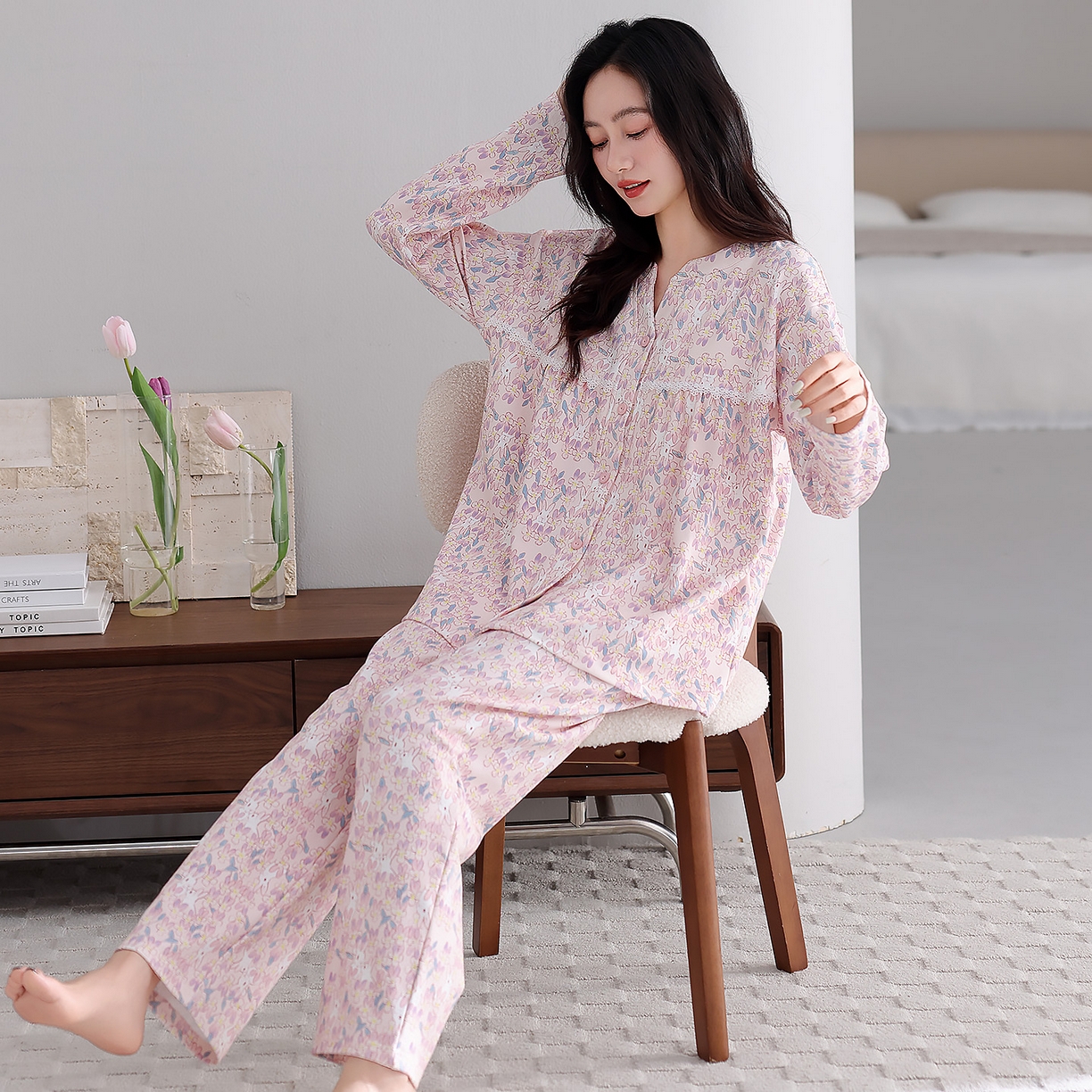 91家纺网 家纺一手货源 找家纺 洛兰沙家居馆 2026新款秋冬睡衣女拉架棉带胸垫可外穿长袖长裤青中年女士家居服套装第12批  5904