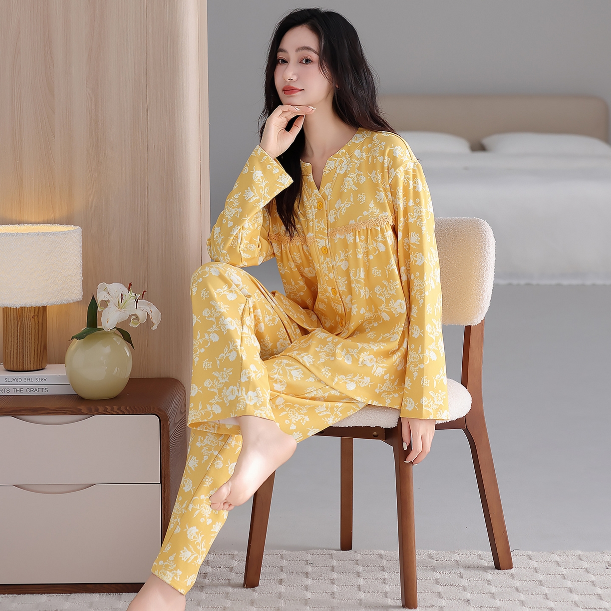 91家纺网 家纺一手货源 找家纺 洛兰沙家居馆 2026新款秋冬睡衣女拉架棉带胸垫可外穿长袖长裤青中年女士家居服套装第12批  5905