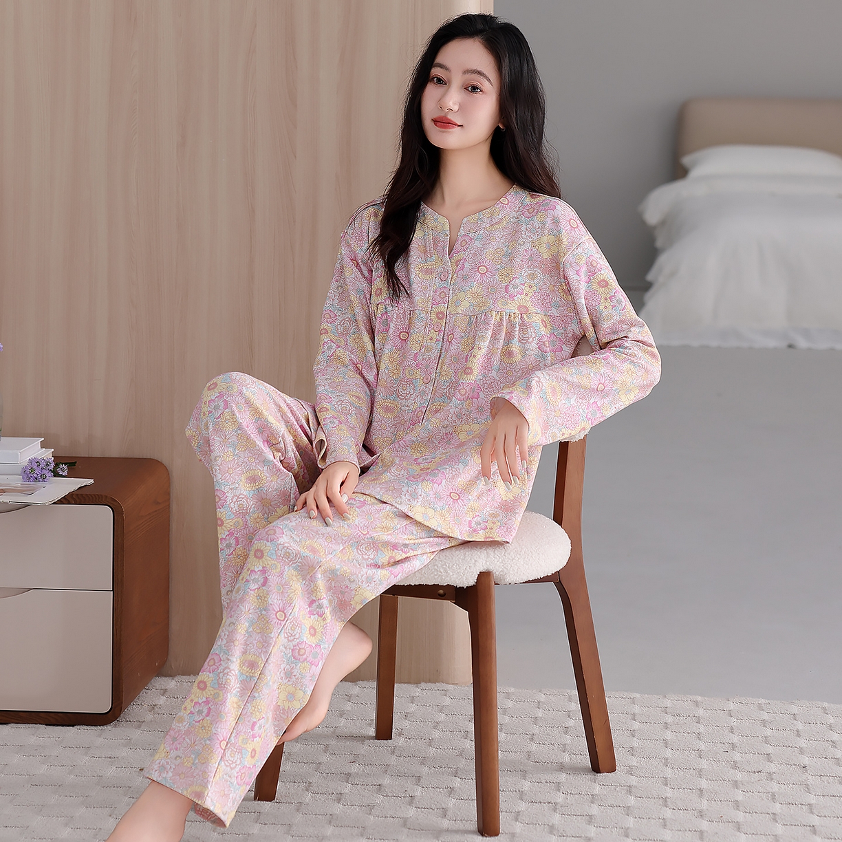 91家纺网 家纺一手货源 找家纺 洛兰沙家居馆 2026新款秋冬睡衣女拉架棉带胸垫可外穿长袖长裤青中年女士家居服套装第12批  5906