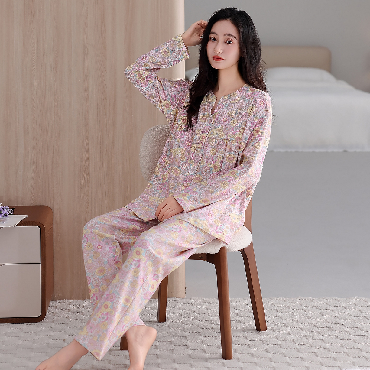 91家纺网 家纺一手货源 找家纺 洛兰沙家居馆 2026新款秋冬睡衣女拉架棉带胸垫可外穿长袖长裤青中年女士家居服套装第12批  5906