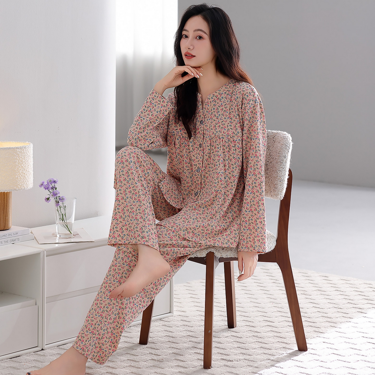 91家纺网 家纺一手货源 找家纺 洛兰沙家居馆 2026新款秋冬睡衣女拉架棉带胸垫可外穿长袖长裤青中年女士家居服套装第12批  5907