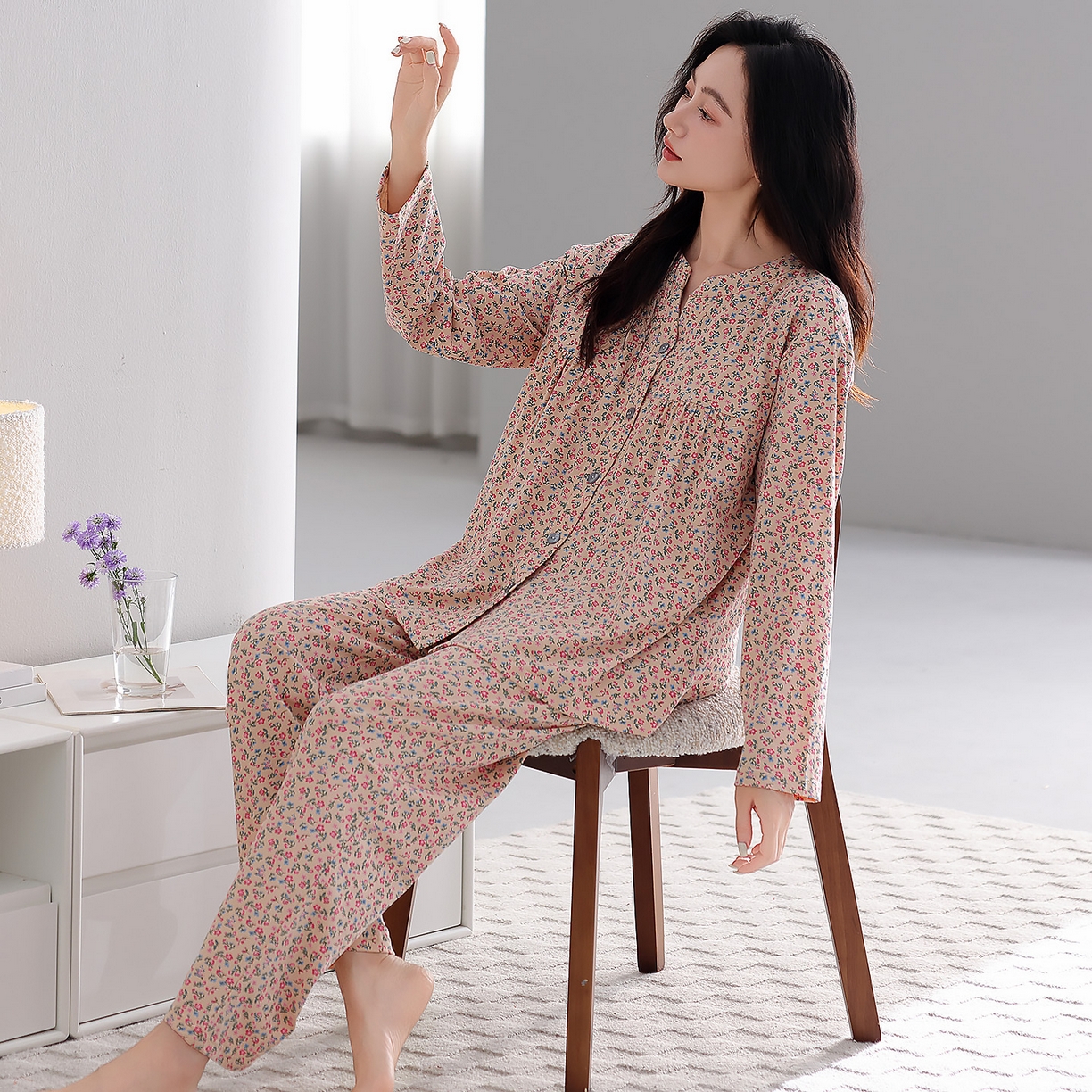 91家纺网 家纺一手货源 找家纺 洛兰沙家居馆 2026新款秋冬睡衣女拉架棉带胸垫可外穿长袖长裤青中年女士家居服套装第12批  5907