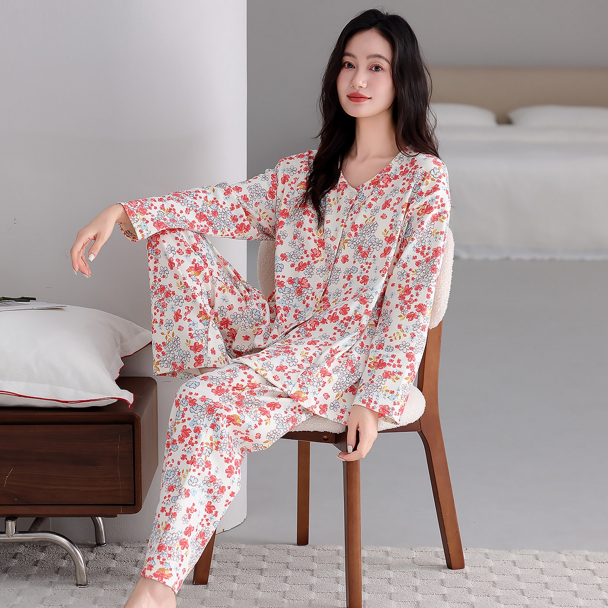 91家纺网 家纺一手货源 找家纺 洛兰沙家居馆 2026新款秋冬睡衣女拉架棉带胸垫可外穿长袖长裤青中年女士家居服套装第12批  5908