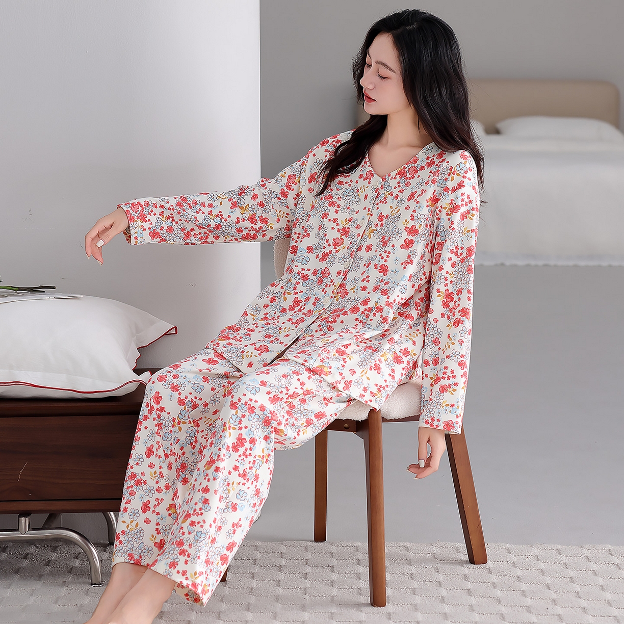 91家纺网 家纺一手货源 找家纺 洛兰沙家居馆 2026新款秋冬睡衣女拉架棉带胸垫可外穿长袖长裤青中年女士家居服套装第12批  5908