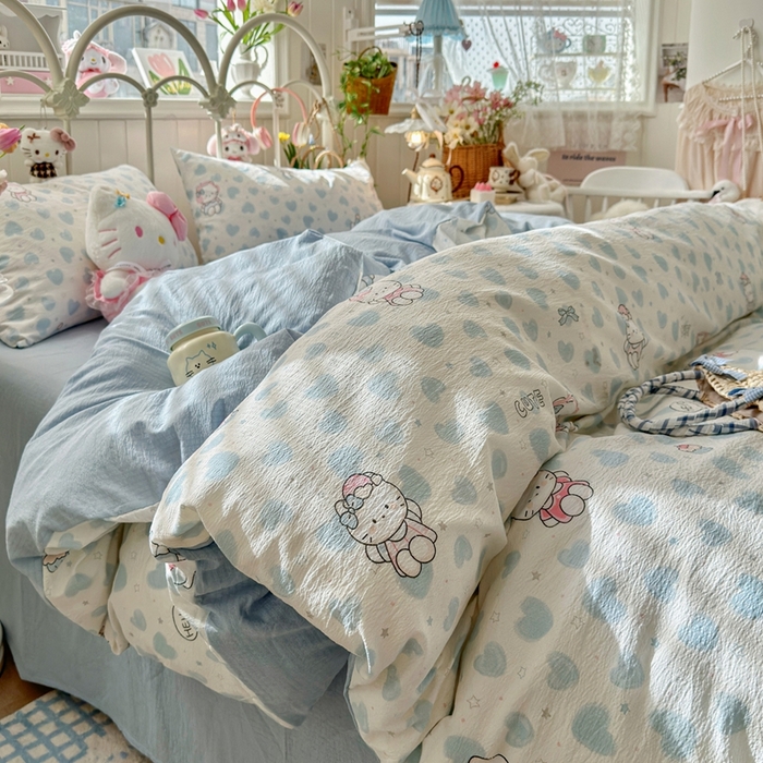 91家纺网 家纺一手货源 找家纺 港岛妹妹 2026新款云感双层纱系列四件套 爱心凯蒂