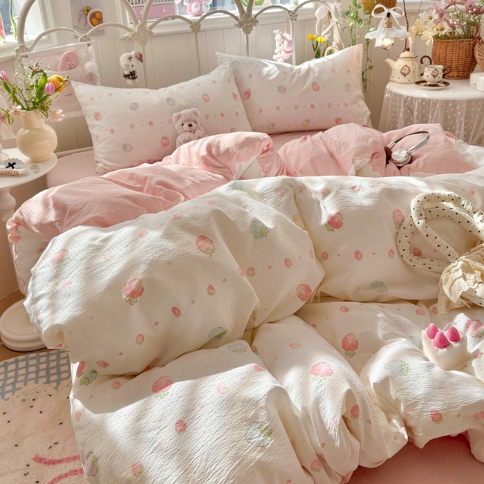 91家纺网 家纺一手货源 找家纺 港岛妹妹 2026新款云感双层纱系列四件套 草莓果园