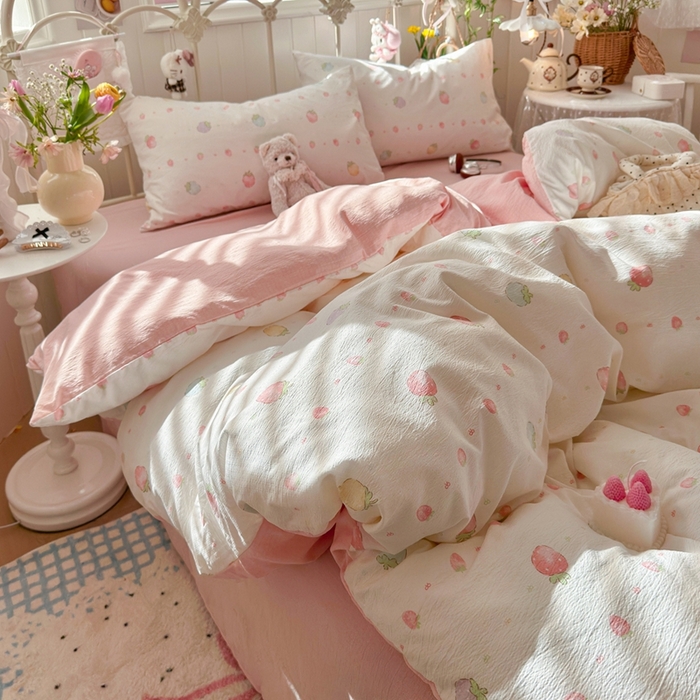 91家纺网 家纺一手货源 找家纺 港岛妹妹 2026新款云感双层纱系列四件套 草莓果园